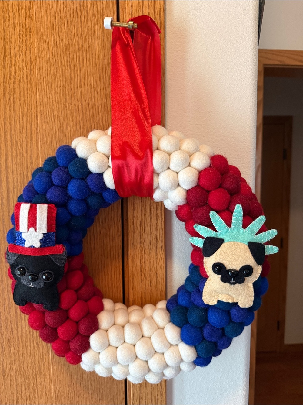Handmade Patriotic Red White & Blue Pug Holiday Wreath